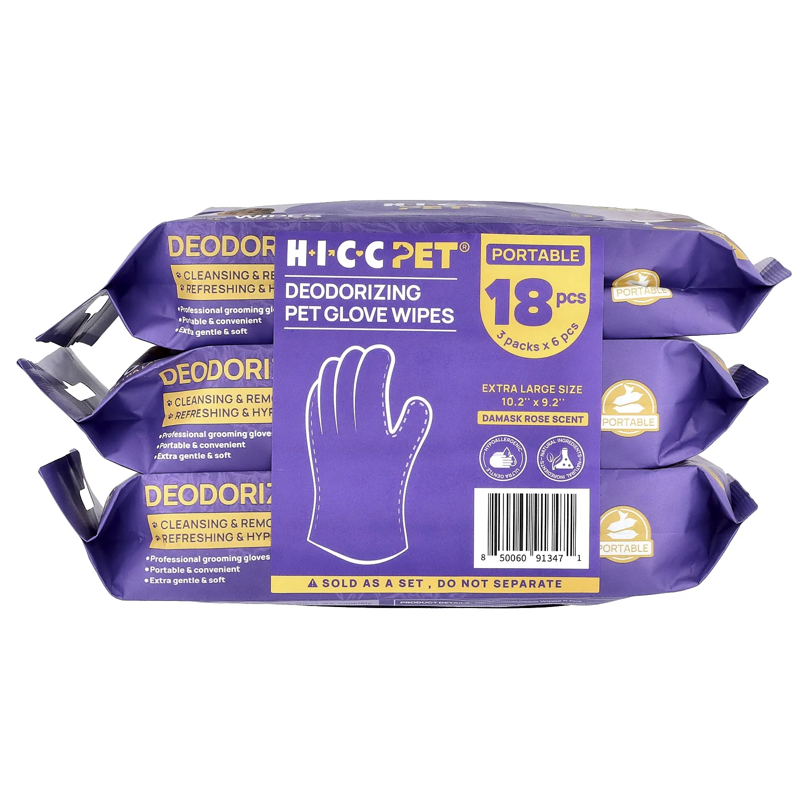 HICC Pet, дезодорирующие салфетки для перчаток, очень большие, дамасская роза, в упаковке 3 шт., по 