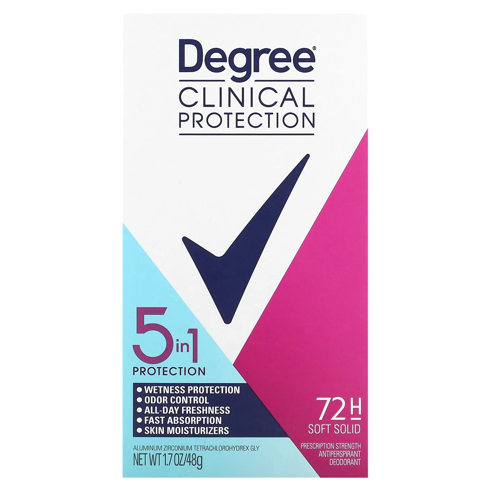 Degree, Clinical Protection, защита 5 в 1, дезодорант-антиперспирант, мягкое твердое вещество, 48 г 