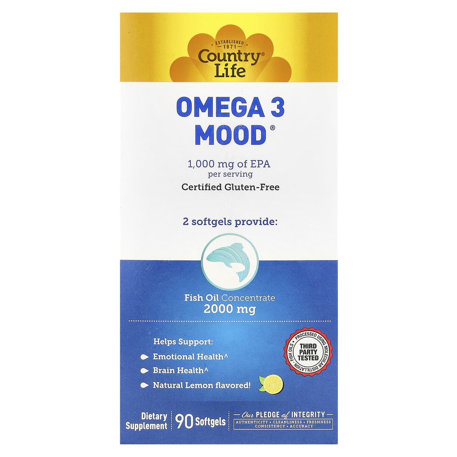 Country Life, Omega 3 Mood, натуральный ароматизатор со вкусом лимона, 90 мягких желатиновых капсул