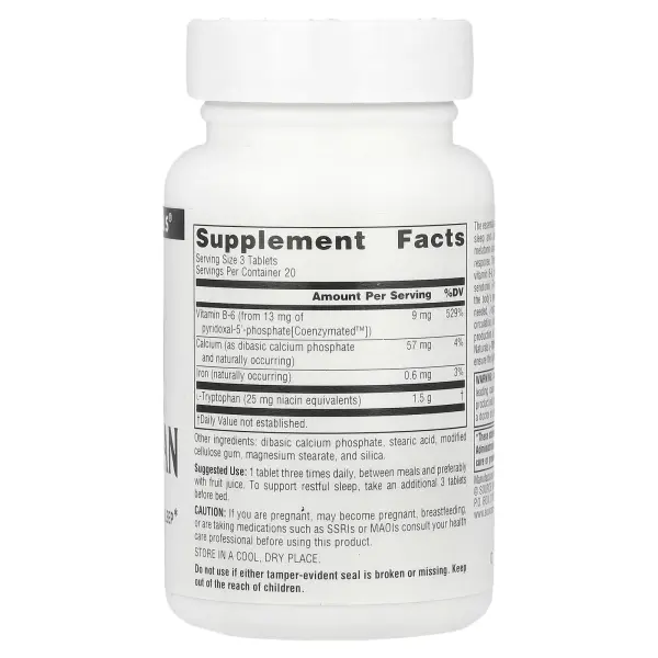 Source Naturals, L-триптофан с витамином В6 в коэнзимной форме, 500 мг, 60 таблеток