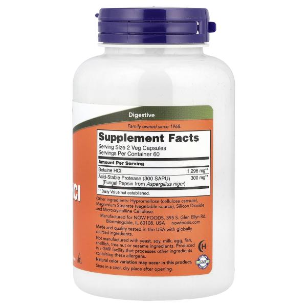 NOW Foods Бетаина гидрохлорид 648 мг 120 растительных капсул