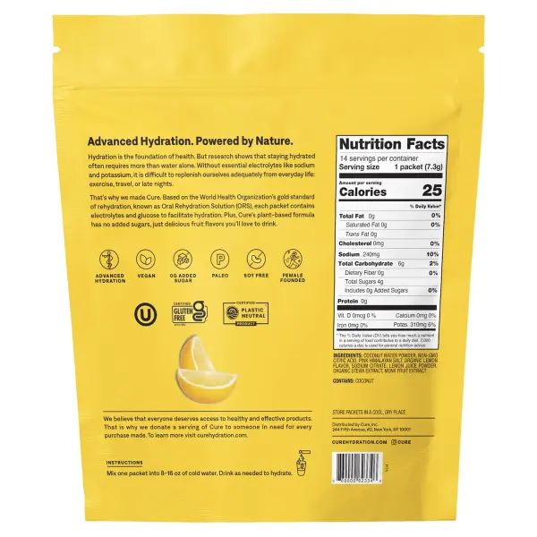 Cure Hydration, увлажняющая смесь электролитов, со вкусом лимонада, 14 пакетиков по 7,3 г (0,26 унци