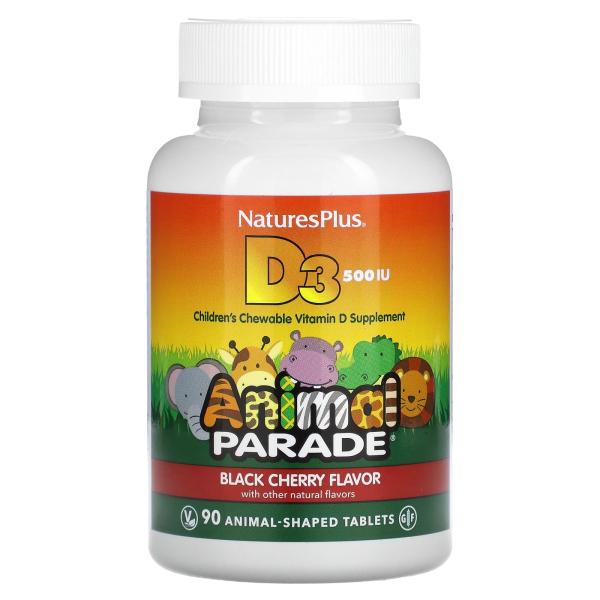 NaturesPlus, Source of Life, Animal Parade, витамин D3, со вкусом натуральной черешни, 500 МЕ, 90 та