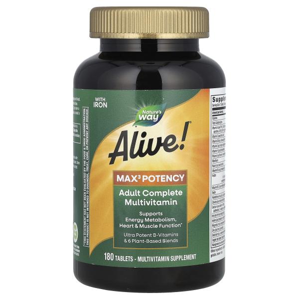Nature's Way, Живой! Полный мультивитаминный комплекс для взрослых Max3 Potency, с железом, 180 табл