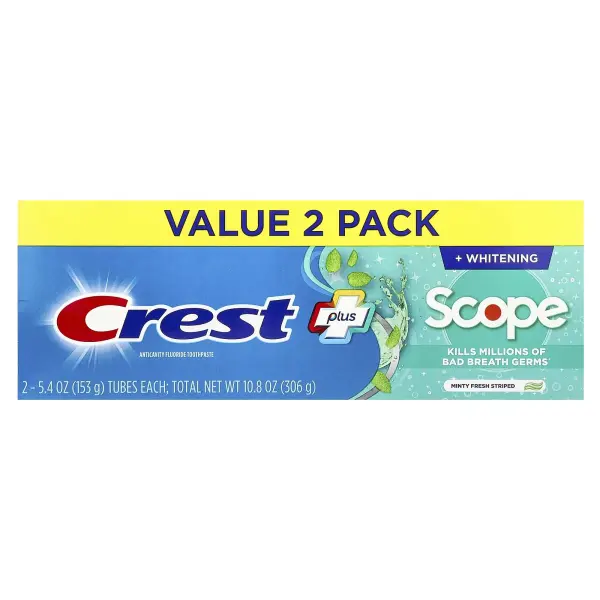 Crest, Plus Scope, зубная паста с фторидом против кариеса, свежая мята, 2 шт. в упаковке, по 153 г (