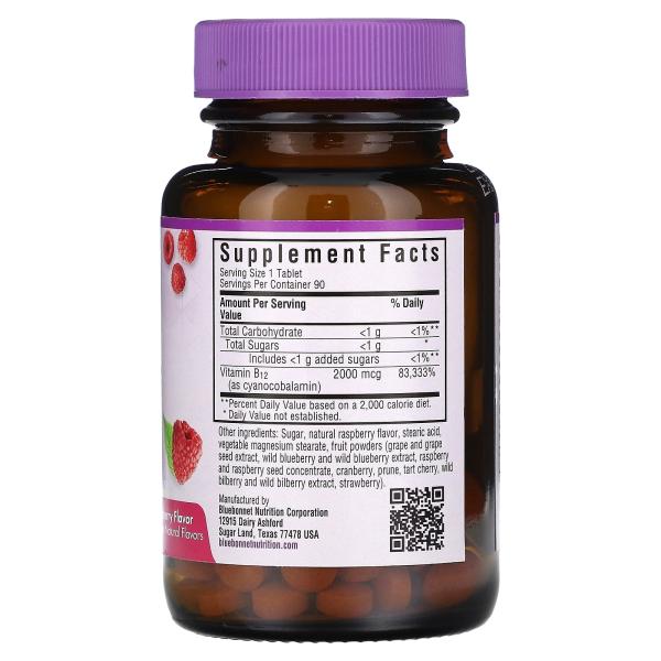 Bluebonnet Nutrition, Жевательные таблетки «EarthSweet», витамин B12, натуральный вкус малины, 2000 