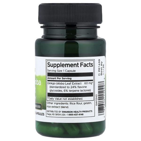 Swanson, экстракт гинкго билоба, стандартизованный, 60 мг, 30 капсул