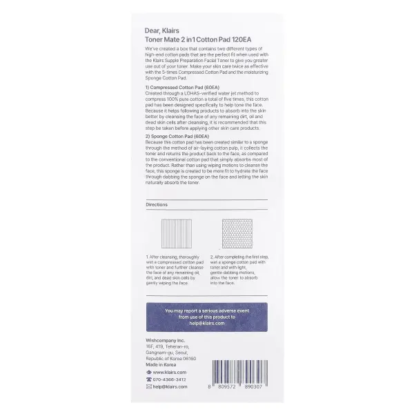 Dear, Klairs, Toner Mate 2 в 1 ватных дисках, 60 сжатых / 60 губчатых ватных дисков
