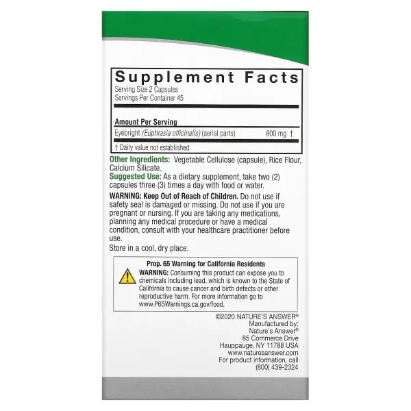 Nature's Answer, очанка, 800 мг, 90 вегетарианских капсул (400 мг в 1 капсуле)