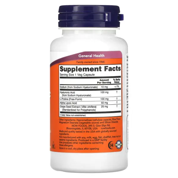 NOW Foods Гиалуроновая кислота 100 мг 60 растительных капсул – оригинальная продукция AthleticFuel