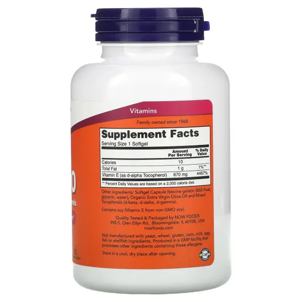 NOW Foods, E-1000, витамин E со смешанными токоферолами, 670 мг (1000 МЕ), 100 капсул – оригинальная продукция AthleticFuel