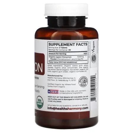 Healths Harmony, органическая цейлонская корица, 1000 мг, 120 таблеток (500 мг в 1 таблетке)