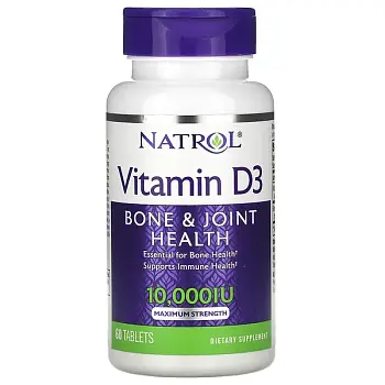 Фото Natrol, витамин D3, здоровье костей и суставов, максимальная сила действия, 10 000 МЕ, 60 таблеток