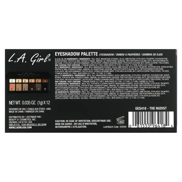 L.A. Girl, Палитра теней для век, GES418 The Nudist, 12 г (0,42 унции)