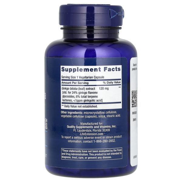 Life Extension, Ginkgo Biloba, Certified Extract, гинкго билоба, сертифицированный экстракт, 120 мг, – оригинальная продукция AthleticFuel