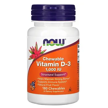 Фото NOW Foods, жевательный витамин D3, натуральный фруктовый вкус, 1000 МЕ, 180 жевательных таблеток