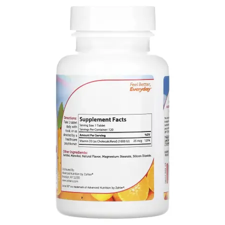 Zahler, Junior D3, улучшенная формула витамина D3, апельсин, 25 мкг (1000 МЕ), 120 жевательных табле