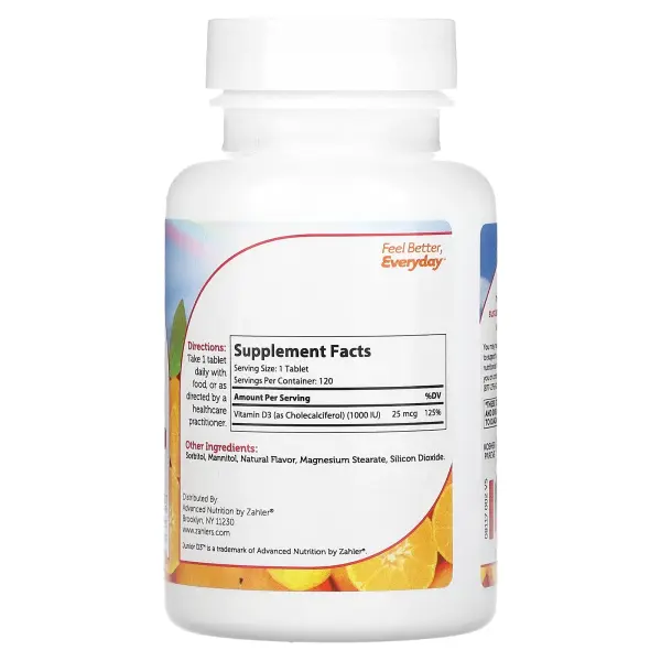 Zahler, Junior D3, улучшенная формула витамина D3, апельсин, 25 мкг (1000 МЕ), 120 жевательных табле Zahler, Junior D3, улучшенная формула витамина D3, апельсин, 25 мкг (1000 МЕ), 120 жевательных табле