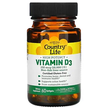 Фото Country Life, высокоактивный витамин D3, 250 мкг (10 000 МЕ), 60 капсул