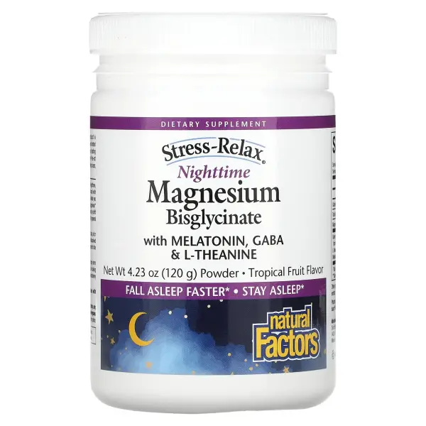 Natural Factors, Stress-Relax®, ночной бисглицинат магния в порошке с мелатонином, ГАМК и L-теанином
