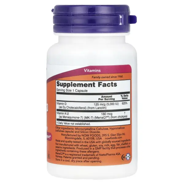 NOW Foods Мега D3 и MK-7 5000 МЕ / 180 мкг 60 капсул