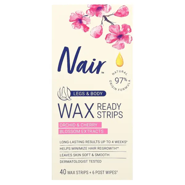 Nair, восковые полоски для ног и тела, с экстрактами орхидеи и вишни, 40 восковых полосок и 6 салфет