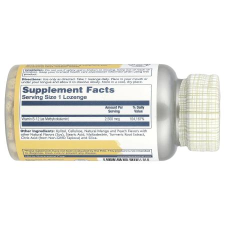 Solaray, высокоэффективный метил B12, натуральные манго и персик, 2500 мкг, 60 леденцов