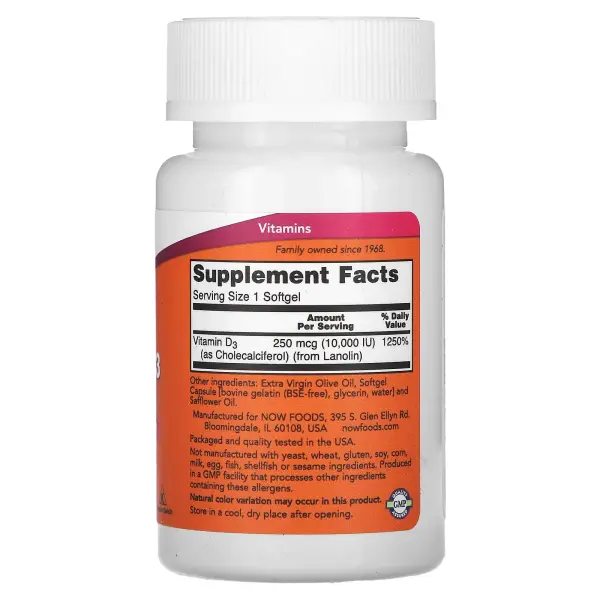 NOW Foods Витамин D3 10 000 МЕ 120 капсул – оригинальная продукция AthleticFuel