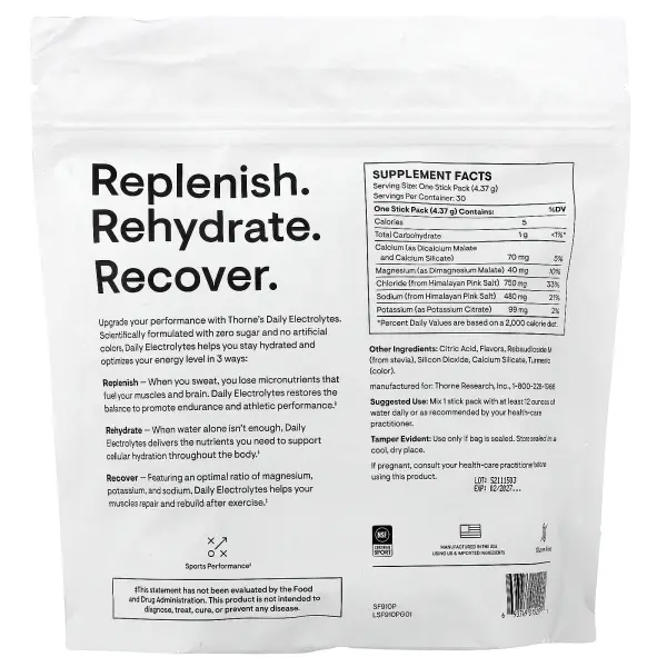 Thorne, ежедневные электролиты, со вкусом манго и лаймада, 30 пакетиков по 4,37 г (0,15 унции)