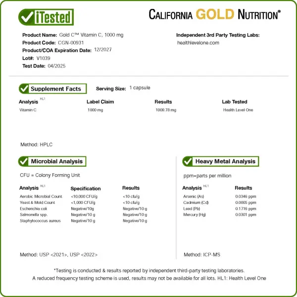 California Gold Nutrition, Gold C, витамин C класса USP, 1000 мг, 60 вегетарианских капсул