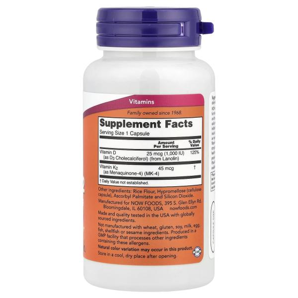 NOW Foods Витамины D3 и K2 1000 МЕ / 45 мкг 120 капсул – оригинальная продукция AthleticFuel