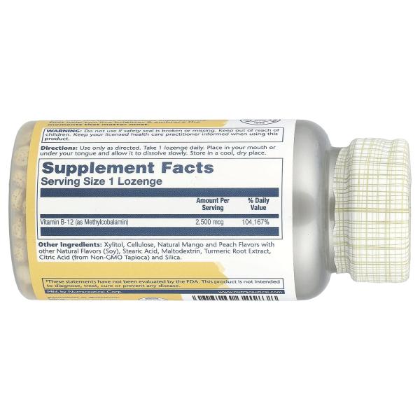 Solaray, высокоэффективный метил B12, натуральные манго и персик, 2500 мкг, 60 леденцов