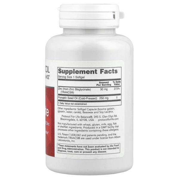 Protocol for Life Balance, Глицинат цинка, 30 мг, 120 мягких таблеток