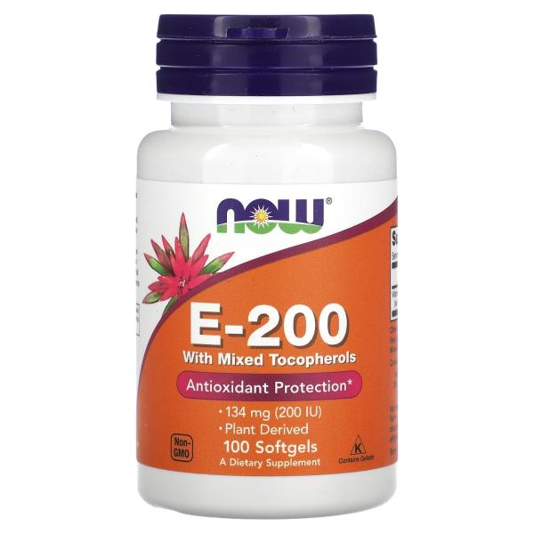 NOW Foods E-200 со смешанными токоферолами 134 мг 200 МЕ 100 мягких таблеток