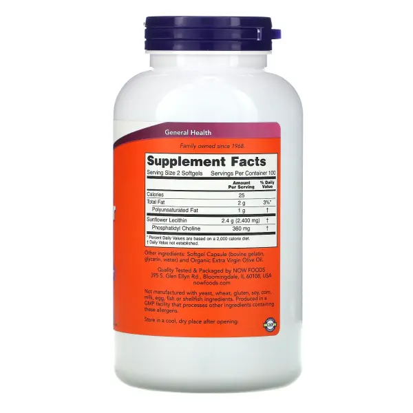NOW Foods Подсолнечный лецитин 1200 мг 200 капсул – оригинальная продукция AthleticFuel