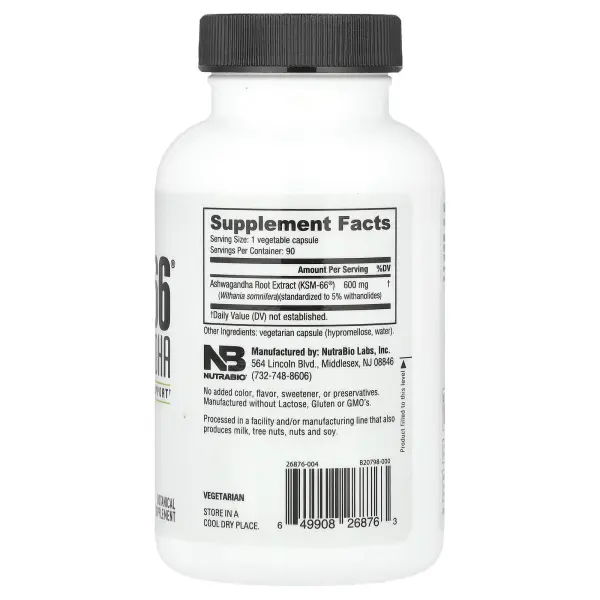 NutraBio, Ашваганда KSM-66, 600 мг, 90 растительных капсул