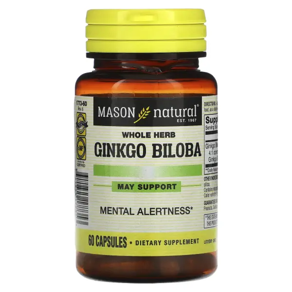 Mason Natural, цельное растение гинкго билоба, 60 капсул (125 мг в 1 капсуле)