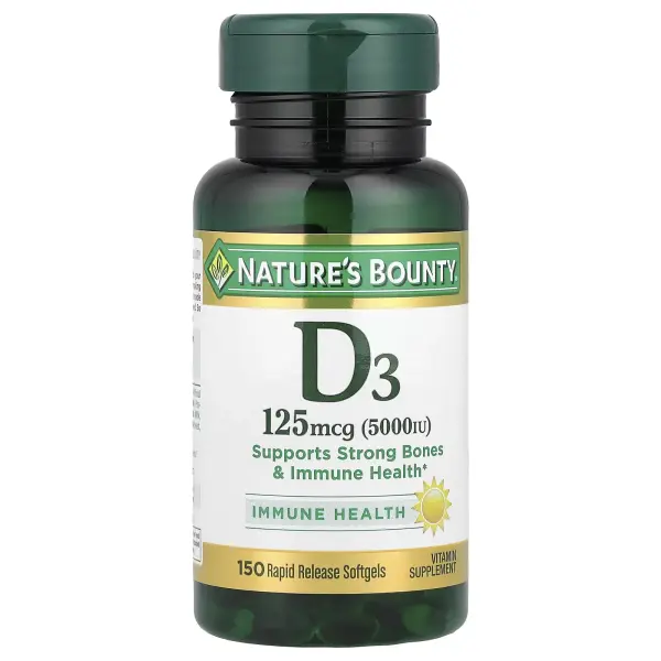 Nature's Bounty, витамин D3, 125 мкг (5000 МЕ), 150 мягких таблеток с быстрым высвобождением