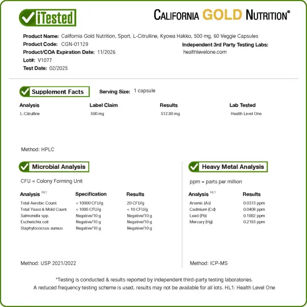 California Gold Nutrition, L-цитруллин, 500 мг, 60 растительных капсул – оригинальная продукция AthleticFuel