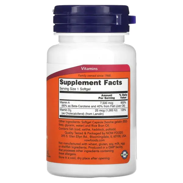 NOW Foods Витамины А и D3 Ультра 25 000 / 1 000 ME 100 капсул