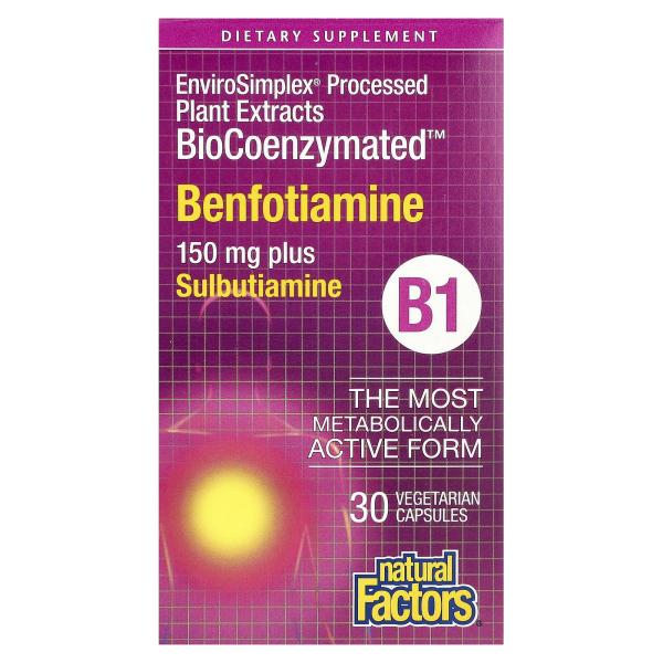 Natural Factors, BioCoenzymated, B1, бенфотиамин плюс сульбутиамин, 150 мг, 30 вегетарианских капсул – оригинальная продукция AthleticFuel