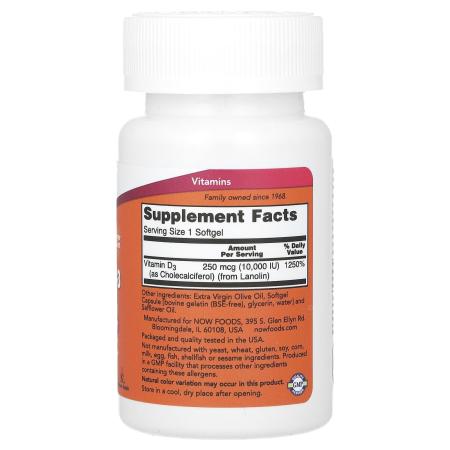 NOW Foods Витамин D3 10 000 МЕ 240 капсул – оригинальная продукция AthleticFuel