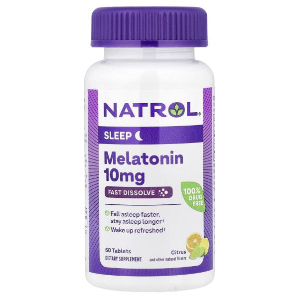 Natrol, мелатонин, быстрорастворимый, с цитрусовым вкусом, 10 мг, 60 таблеток Natrol, мелатонин, быстрорастворимый, с цитрусовым вкусом, 10 мг, 60 таблеток