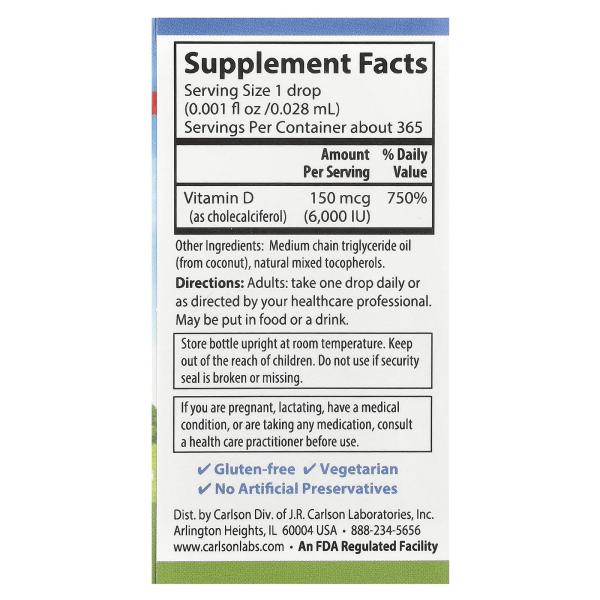 Carlson, Super Daily® D3, 150 мкг (6000 МЕ), 10,3 мл (0,35 жидк. Унции) – оригинальная продукция AthleticFuel