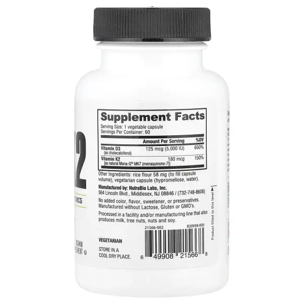 NutraBio, D3 K2, 60 Veggie Capsules