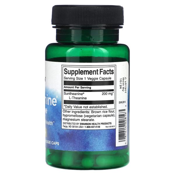 Swanson, Suntheanine® L-теанин, 200 мг, 60 веганских капсул