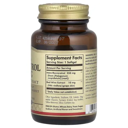 Solgar, Ресвератрол, 250 мг, 30 мягких желатиновых капсул