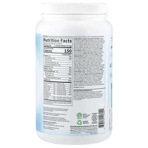 Garden of Life, сырой органический снек, органический заменитель коктейлей и пищи, ваниль, 969 г (2 
