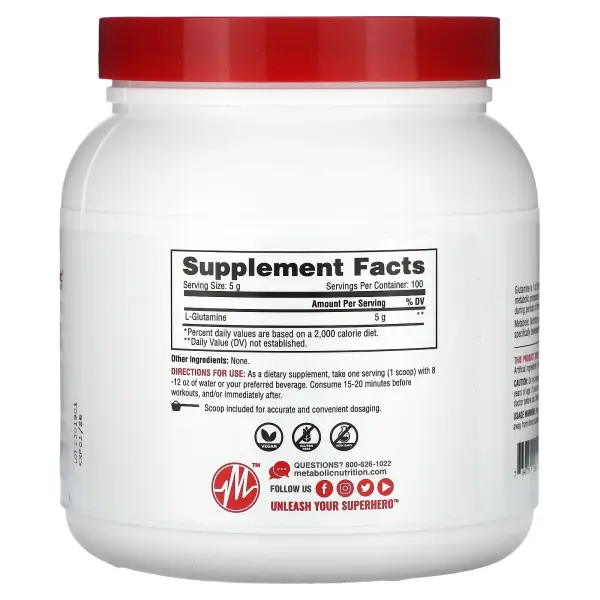 Metabolic Nutrition, L-глютамин, без добавок, 500 г (17,64 унции) – оригинальная продукция AthleticFuel