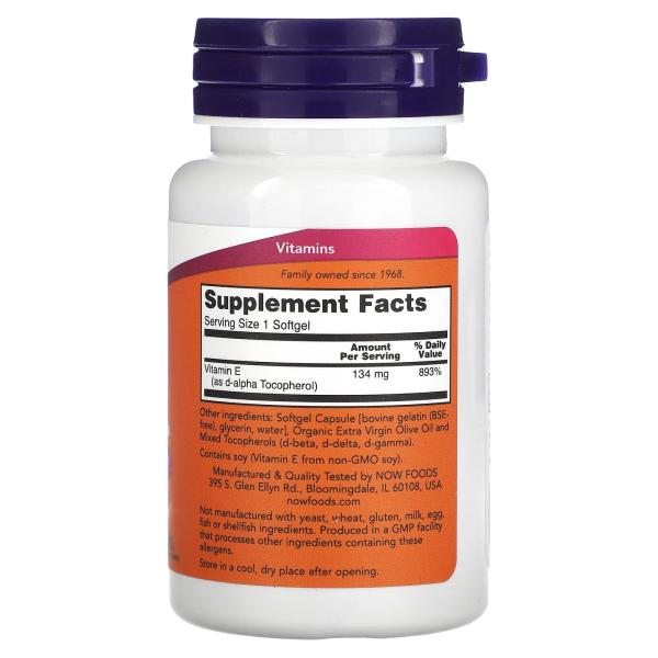 NOW Foods E-200 со смешанными токоферолами 134 мг 200 МЕ 100 мягких таблеток